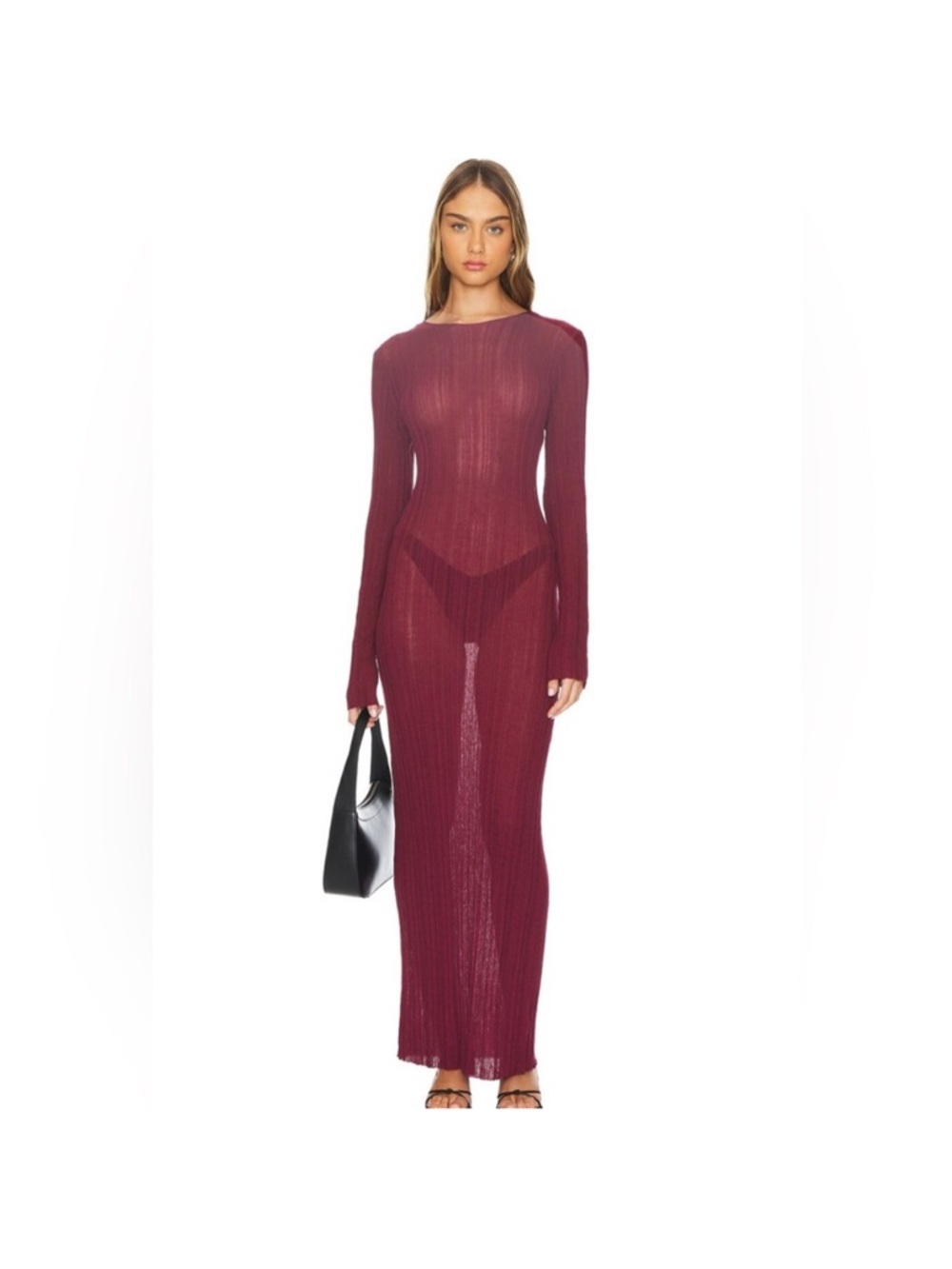 Lioness Burgundy Sheer Ribbed Long Sleeve Maxi Dress